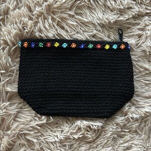 Black Vintage Y2K Crochet Pouch with Colorful Beaded Trim